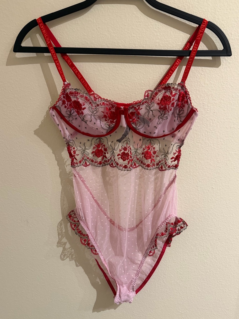Victoria's Secret Pink Sheer Bodysuit with Red Floral Embroidery